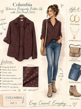 Columbia Women's Burgundy Button-Up with Dot Print (2017)